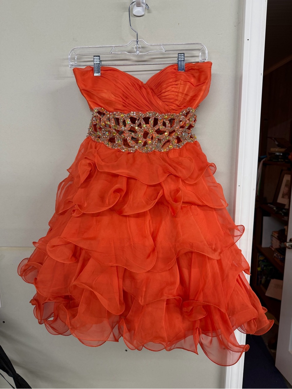 Babydoll Orange Strapless Ruffle Party Dress with Embellished Waist